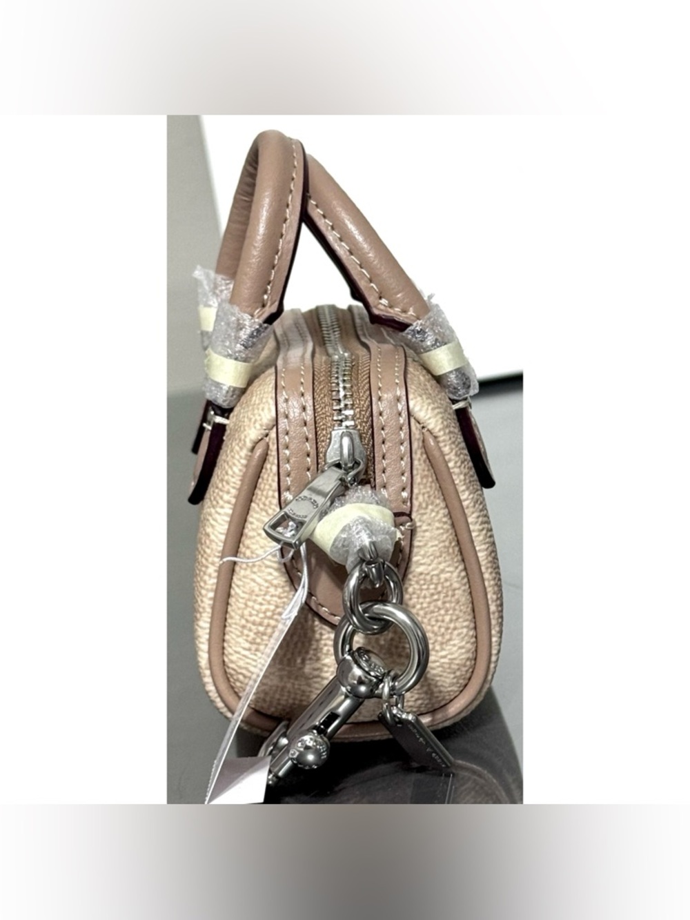 COACH Mini Rowan Bag Charm In Signature Canvas, SILVER/ SAND/‎ TAUPE - Picture 3 of 7
